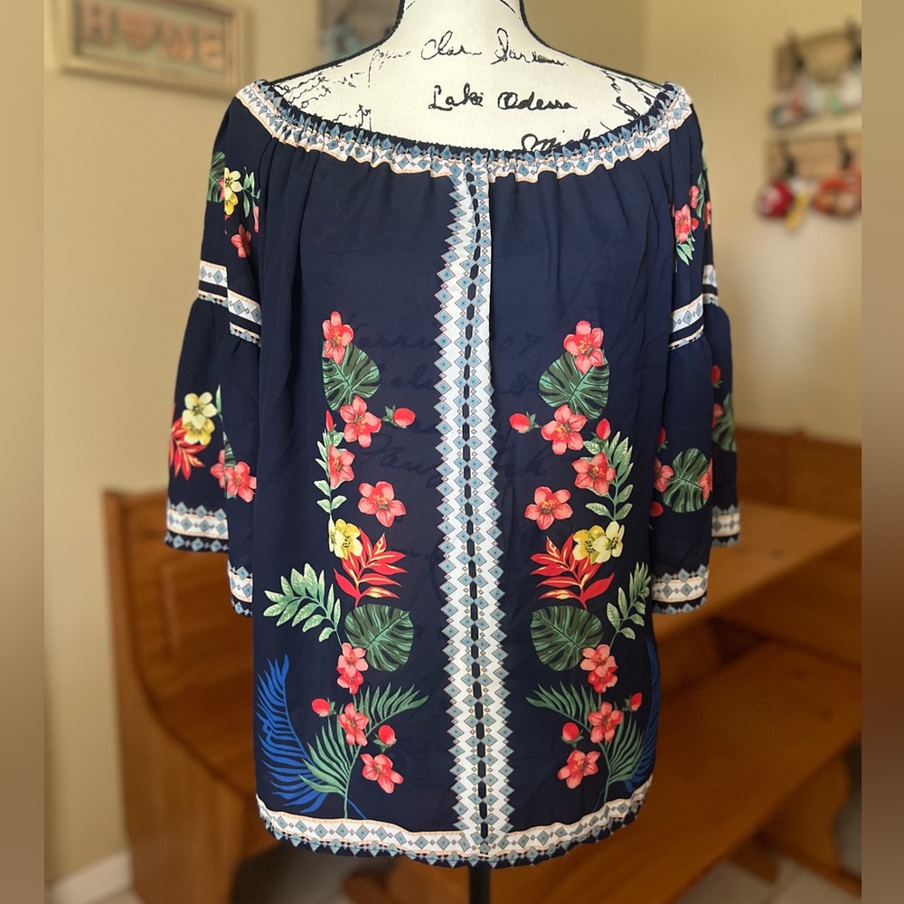 Flower & Feather Off Shoulder Blouse Floral Print Boxy Lightweight Top Plus 3XL